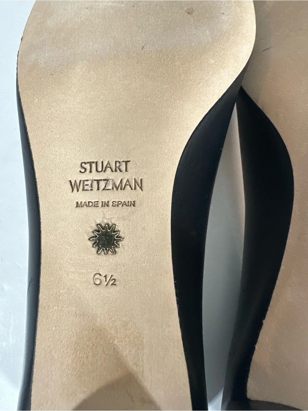 Stuart Weitzman 6.5 Anicia Black Leather Flats with Gold Buckle Accent
